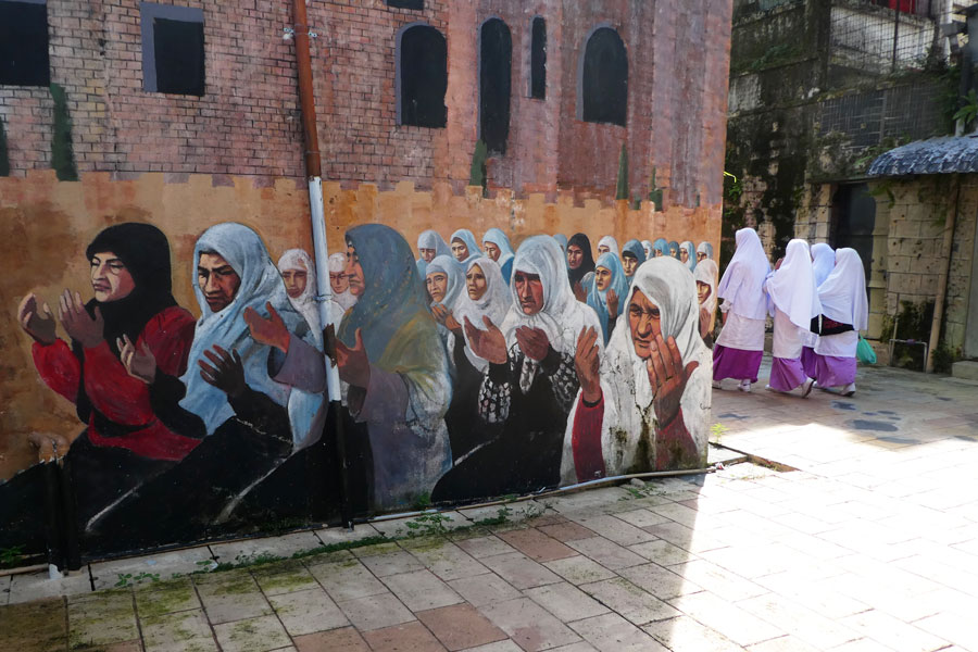 Fresques au sujet de la Palestine et petites écolières qui se baladent